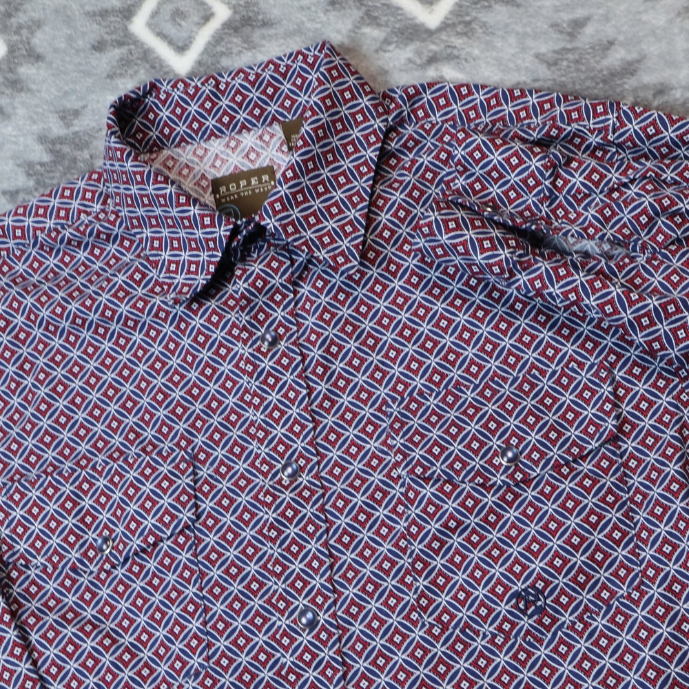 Roper Western Snap Shirt XL 16-18 Navy Red Geometric Diamond Pattern Long Sleeve